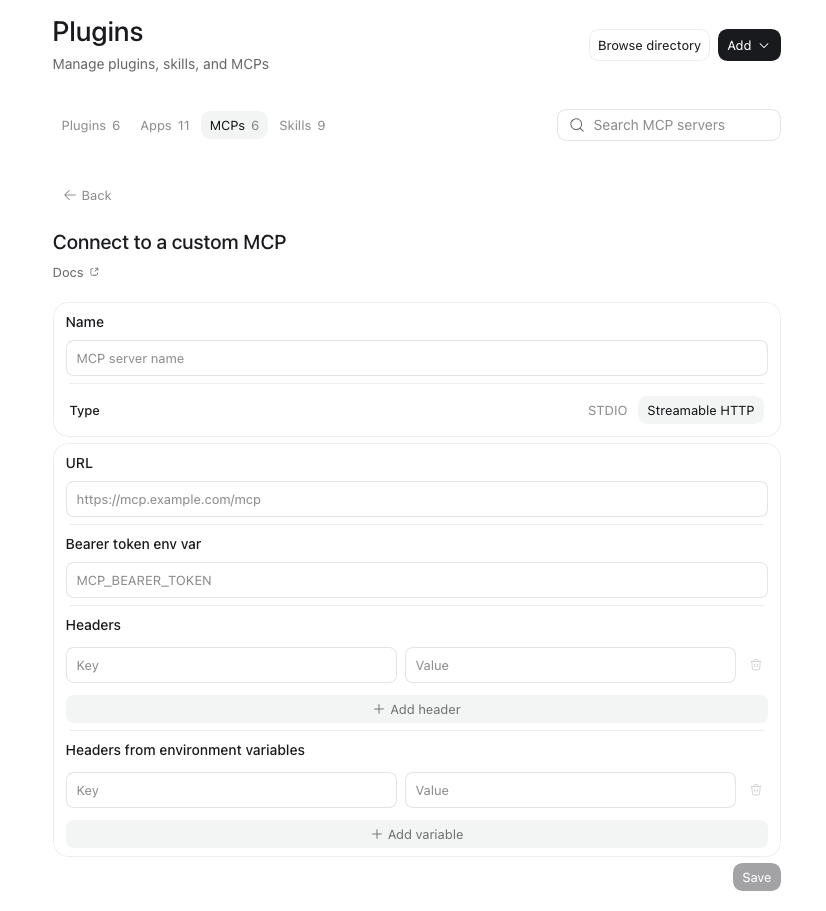 ChatGPT app custom MCP setup with Streamable HTTP selected, showing Name, URL, Bearer token env var, Headers, and Save