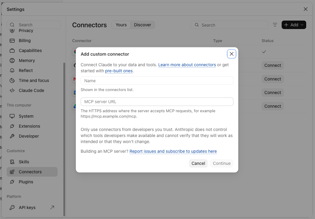 Claude app Add custom connector dialog with Name and MCP server URL fields
