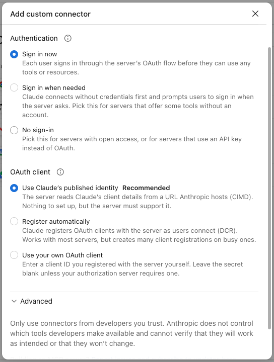 Claude custom connector authentication options, including No sign-in