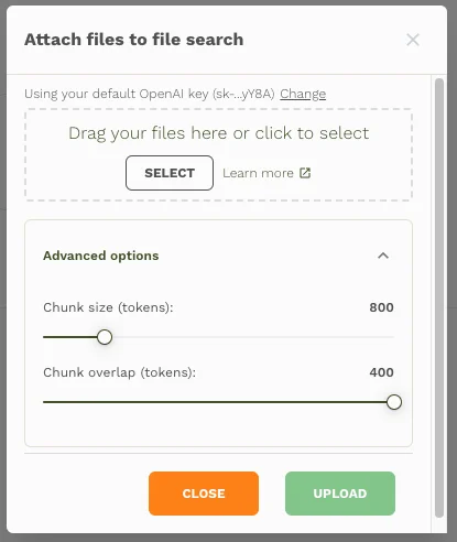 File upload modal with expanded Advanced options showing chunk settings