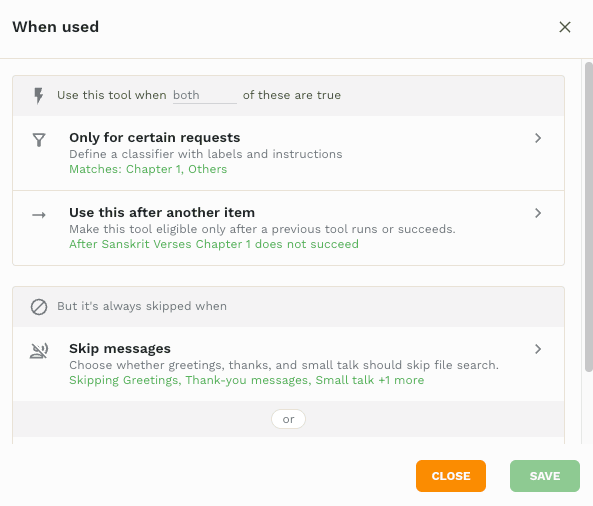 When used configuration showing request classifiers, dependency rules, and skip-message overrides