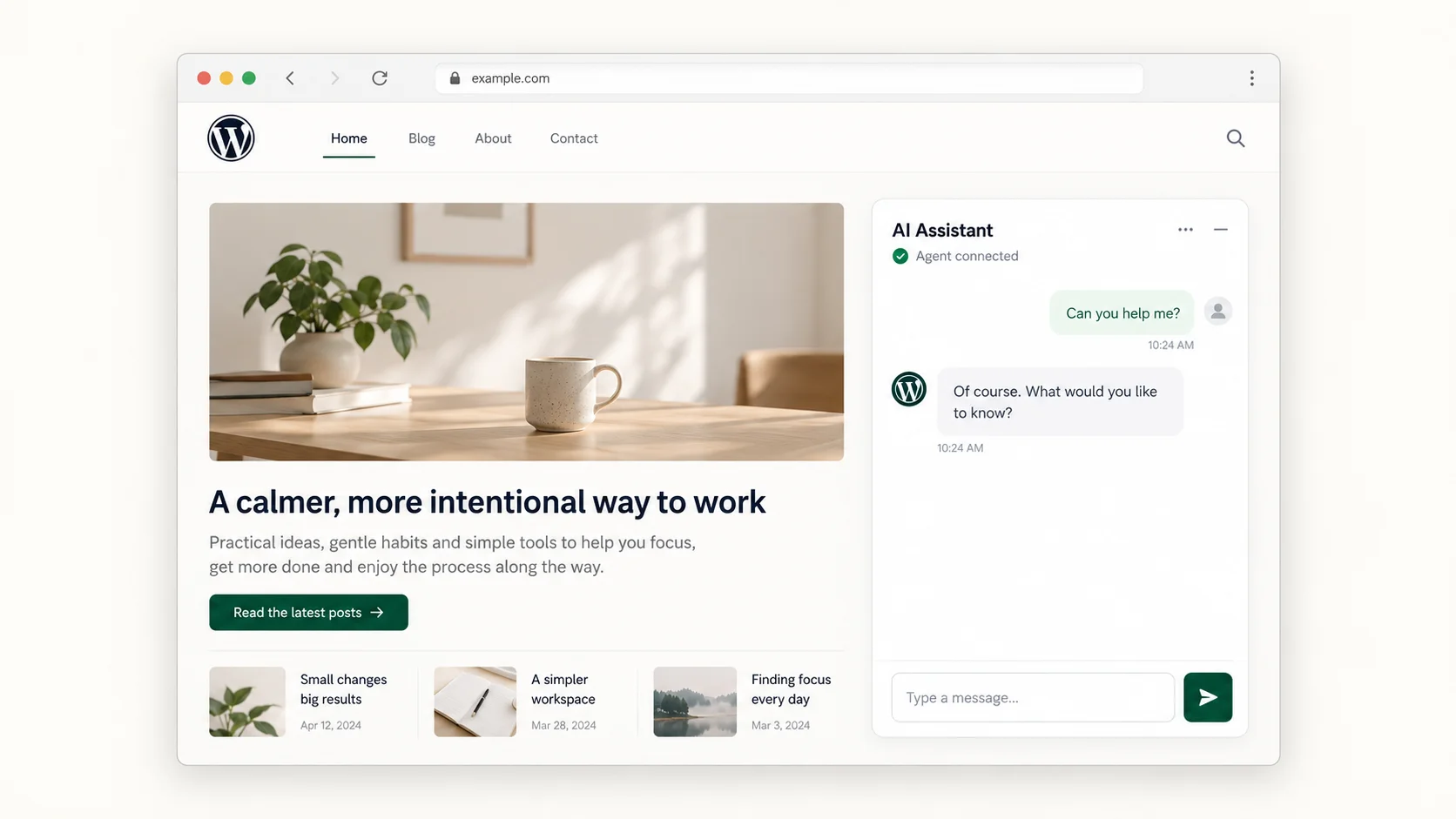 Minimal WordPress blog with a Predictable Dialogs AI assistant connected