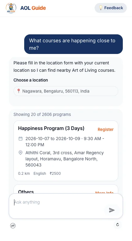 AOL Guide chatbot showing a location picker and course cards inside the conversation