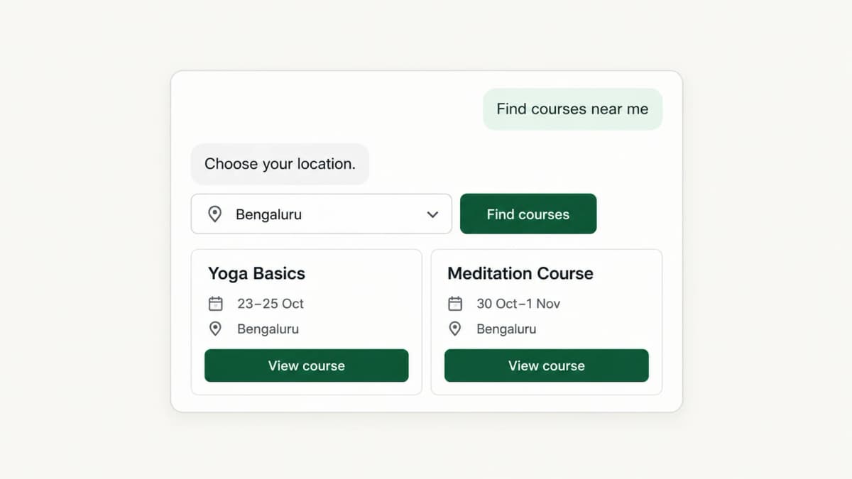 AOL Guide chatbot showing a location picker and course cards inside the conversation