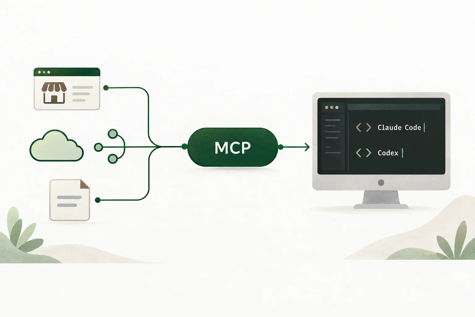 Business apps, APIs, and documents connected to Claude Code and Codex through an MCP server