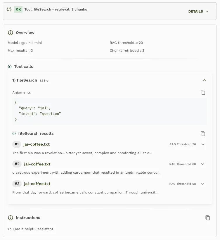 Predictable Dialogs session showing the file search query, three retrieved chunks, and their scores