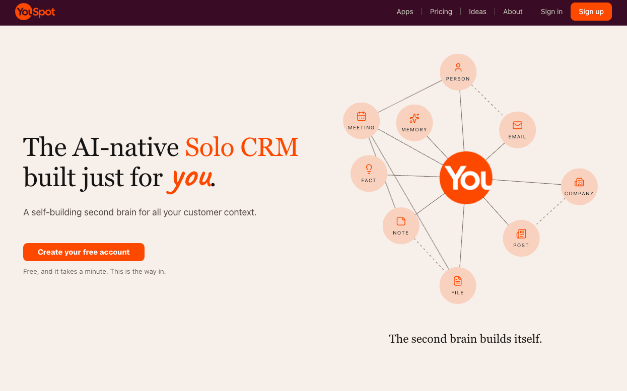YouSpot AI-native Solo CRM landing page