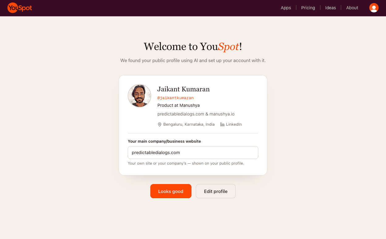 YouSpot auto-filled profile after signup